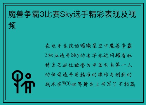 魔兽争霸3比赛Sky选手精彩表现及视频