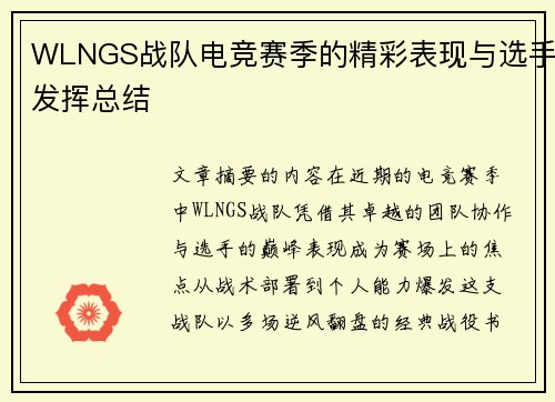 WLNGS战队电竞赛季的精彩表现与选手发挥总结