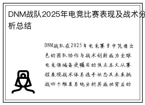 DNM战队2025年电竞比赛表现及战术分析总结