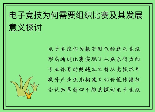 电子竞技为何需要组织比赛及其发展意义探讨